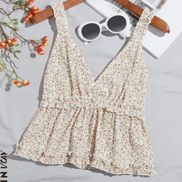 Floral Smocked Ruffle Trim Crop Tank - Picture 1 of 12